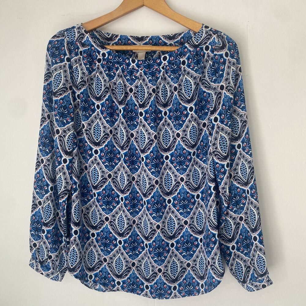 LOFT Ann Taylor Womens Top L Colorful Floral Paisley Blue LS Flowy Blouse Boho